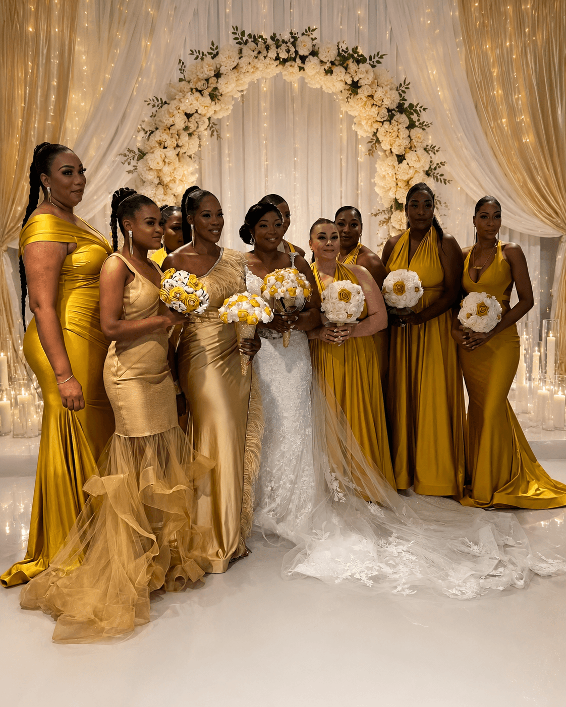 Bridesmaids in champagne gowns